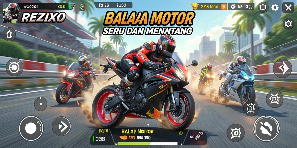 Tampilan antarmuka utama game Balap Motor REZIXO.