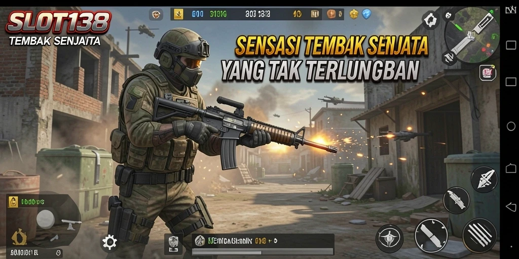 Antarmuka <strong>SLOT138</strong> yang menampilkan berbagai pilihan senjata dan medan perang.